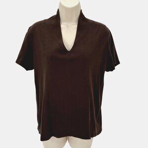 Rafaella Womens Brown Cotton Mock Neck Lightweight Casual Short-Sleeve Top L